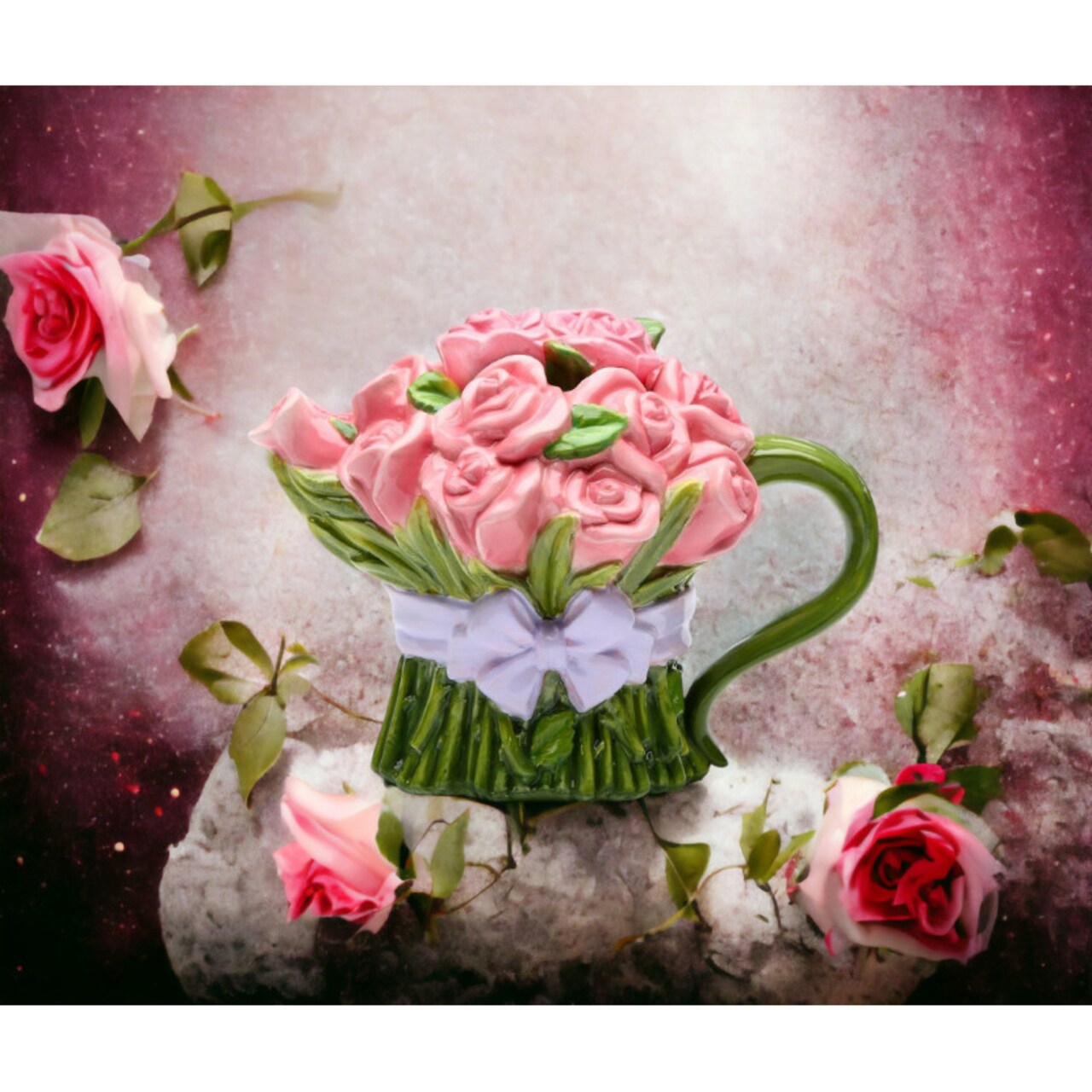 Hand Painted Ceramic Pink Rose Flower Teapot, tea Kettle for Tea for tea lovers